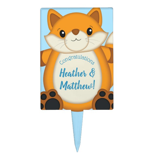 Fox Baby Shower Blue Woodland Cake Topper (Front)