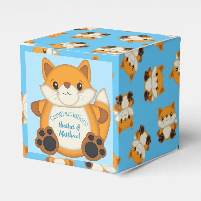 Fox Baby Shower Blue Woodland Favor Boxes (Front Side)