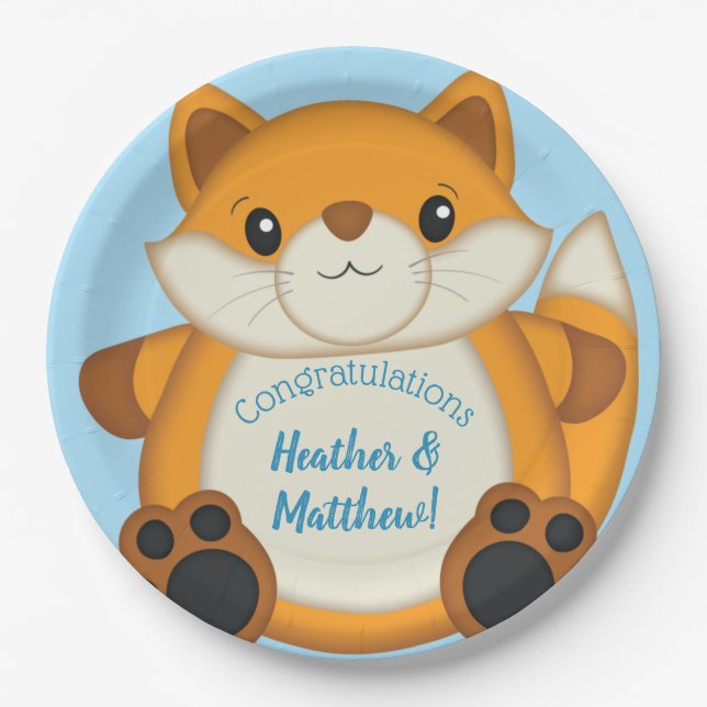 Fox Baby Shower Blue Woodland Paper Plates (Front)