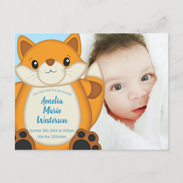Fox Baby Shower Blue Woodland Postcard (Front)