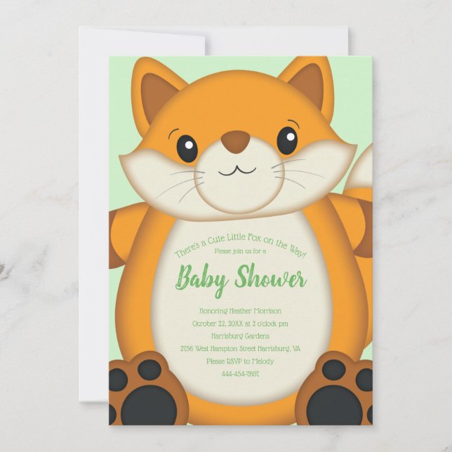 Fox Baby Shower Green Invitation (Front)
