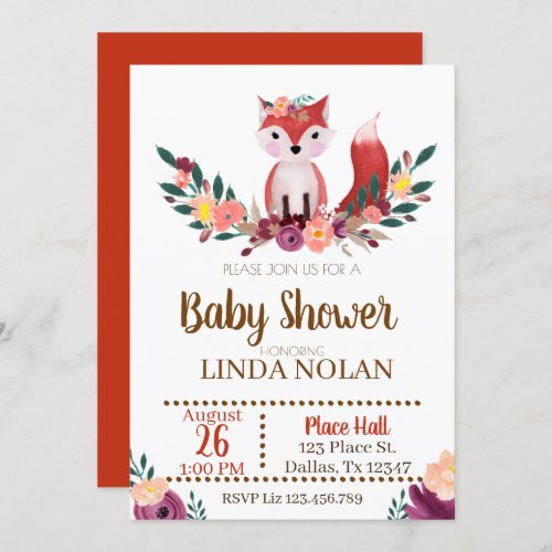 Fox Baby Shower Invitation Animal Party