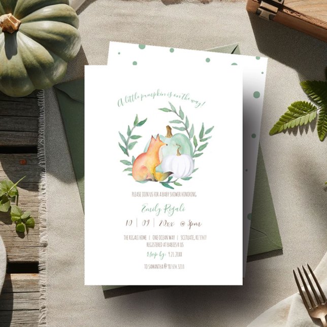 Fox Baby Shower Invitation – Neutral Fall Theme (Gender neutral baby shower invitations fall woodland fox green and what pumpkin greenery watercolor)