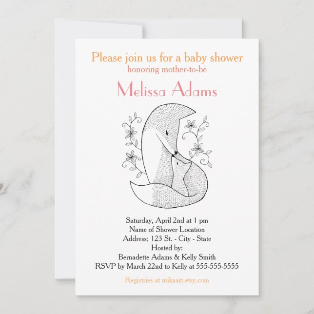 Fox Baby Shower Invitation Woodland Fox Mom & Baby (Front)