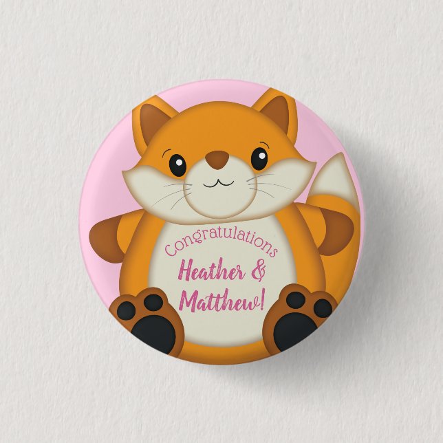 Fox Baby Shower Pink Button (Front)