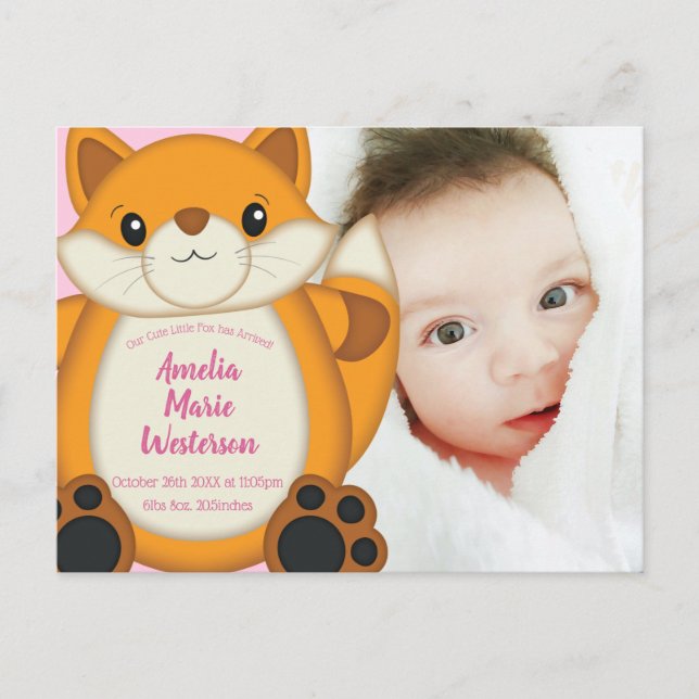Fox Baby Shower Pink Postcard (Front)