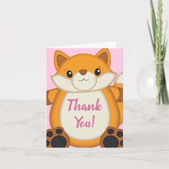Fox Baby Shower Pink Thank You Card (Front)