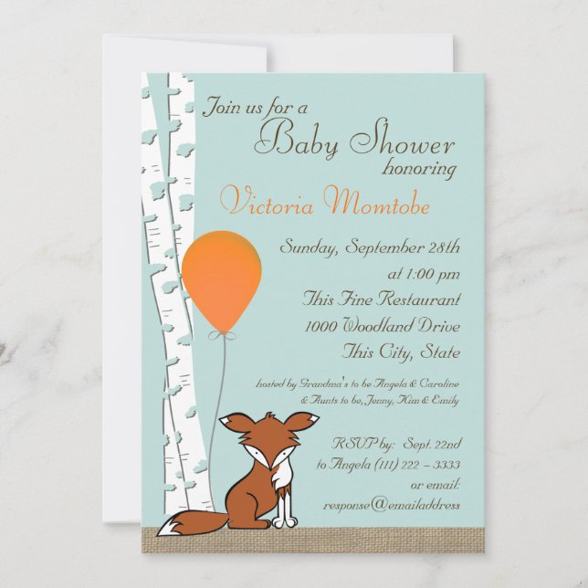 Fox Balloon and Birch Woodland Baby Shower Invitation (Front)