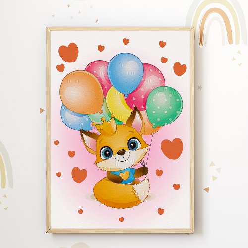 Fox Balloon Kids Room Poster Nursery Print