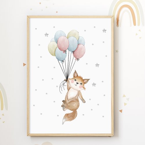 Fox Balloon Nursery Poster Kids Room Print