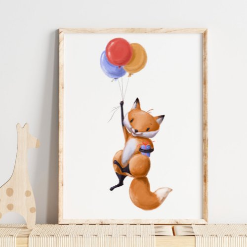 Fox Balloon Print  Fox Watercolor Print 