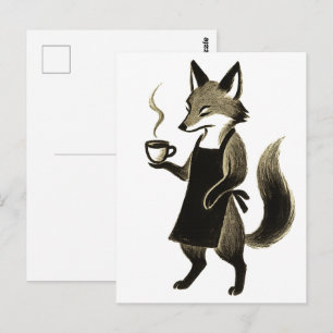 Fox Barista – Minimalist Ink Brush Coffee Time on Postcard