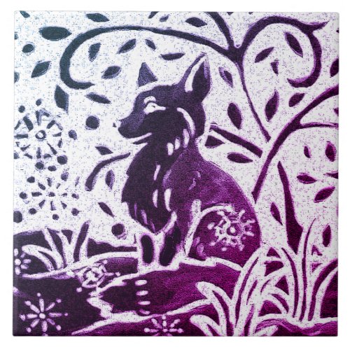 Fox Batik Modern Blue Purple Snow Winter Woodland Ceramic Tile