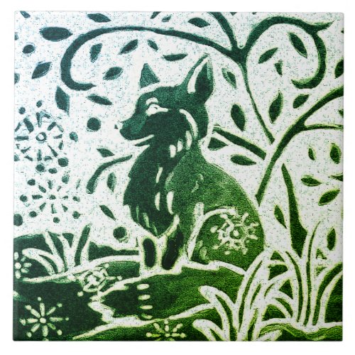 Fox Batik Modern Green Blue Teal Winter Woodland Ceramic Tile
