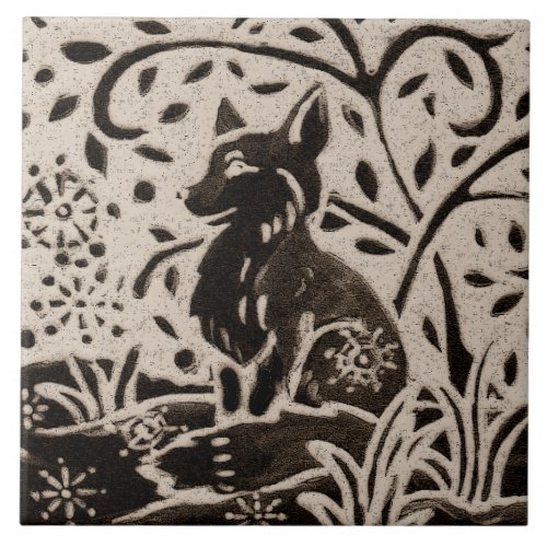 Fox Batik Stoneware Woodland Animal Tan Gray Brown Ceramic Tile