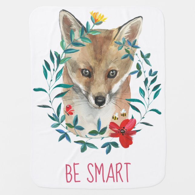 Fox Be Smart Name Personalized Floral Wreath Bees  Baby Blanket (Front)