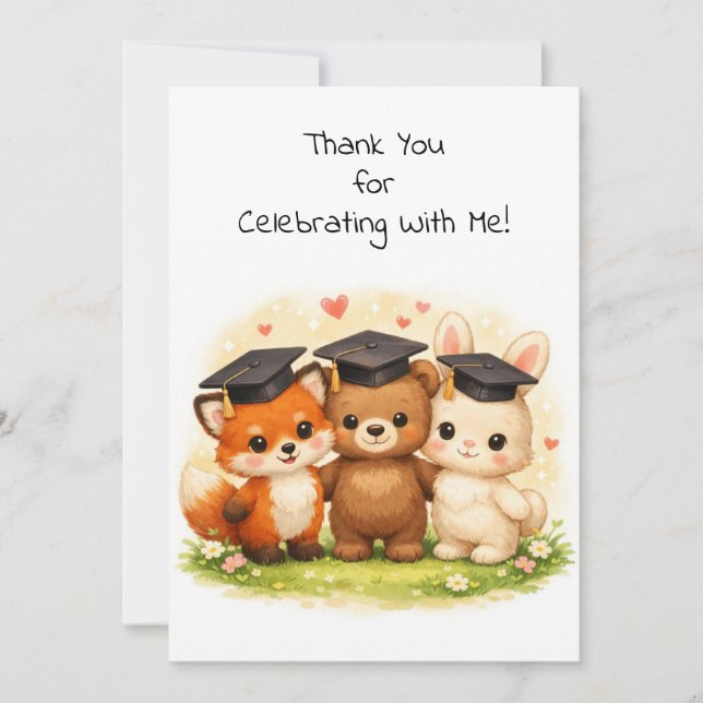 Fox Bear Bunny Preschool Kindergarten Graduation  Thank You Card (Front)