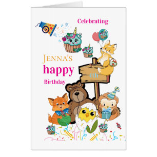 Fox Bear Chicks Cat Large Happy Birthday Card