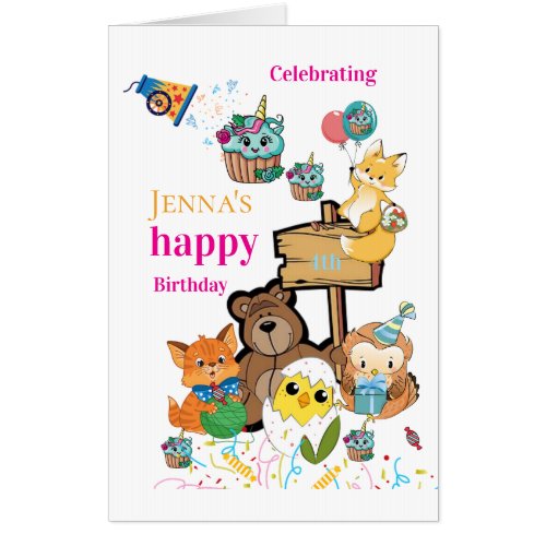 Fox Bear Chicks Cat Large Happy Birthday Card