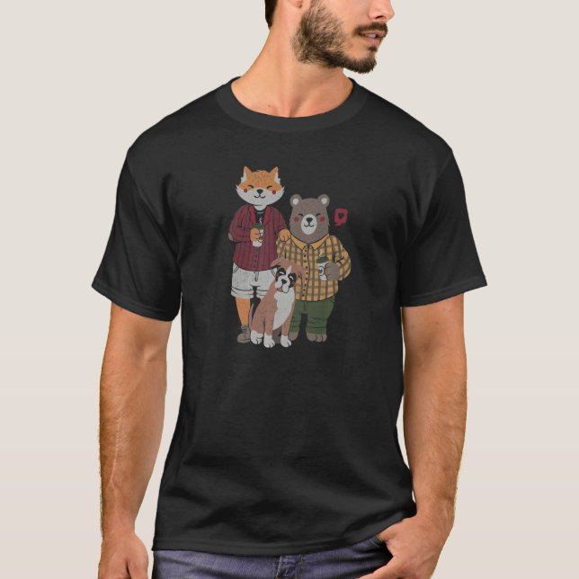 Fox Bear Drink Coffee Cute Animals Family Valentin T-Shirt (Front)