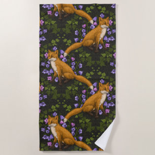 Fox, bellflowers and ivy, green, orange and viole Beach Towel