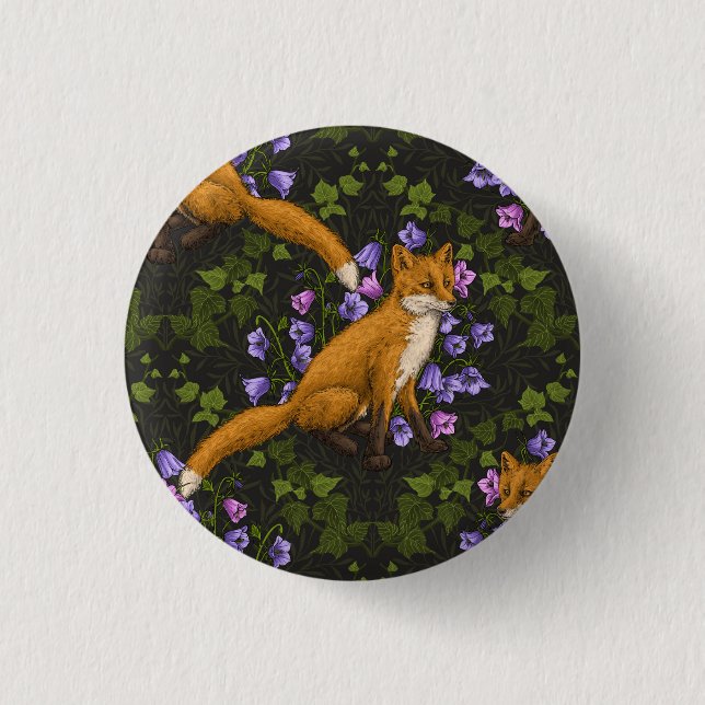  Fox, bellflowers and ivy, green, orange and viole Button (Front)