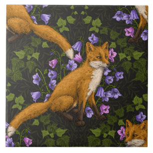 Fox, bellflowers and ivy, green, orange and viole Ceramic Tile