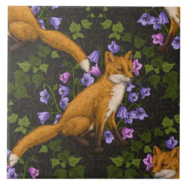  Fox, bellflowers and ivy, green, orange and viole Ceramic Tile (Front)