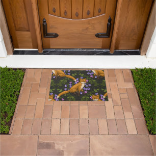 Fox, bellflowers and ivy, green, orange and viole Doormat