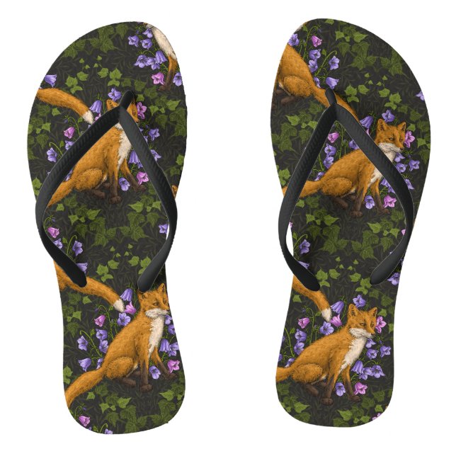  Fox, bellflowers and ivy, green, orange and viole Flip Flops (Footbed)