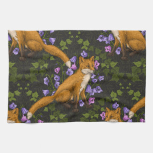 Fox, bellflowers and ivy, green, orange and viole Kitchen Towel