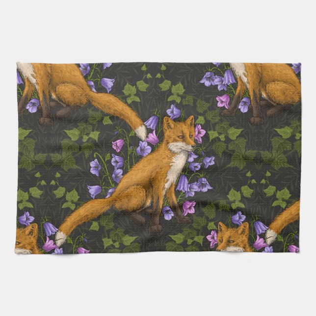  Fox, bellflowers and ivy, green, orange and viole Kitchen Towel (Horizontal)