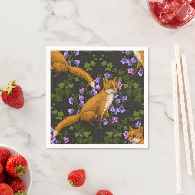  Fox, bellflowers and ivy, green, orange and viole Napkins (Insitu)