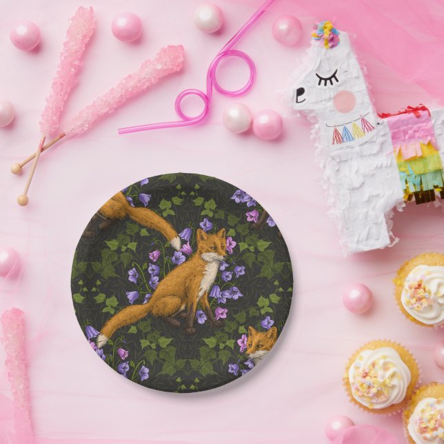  Fox, bellflowers and ivy, green, orange and viole Paper Plates (Party)