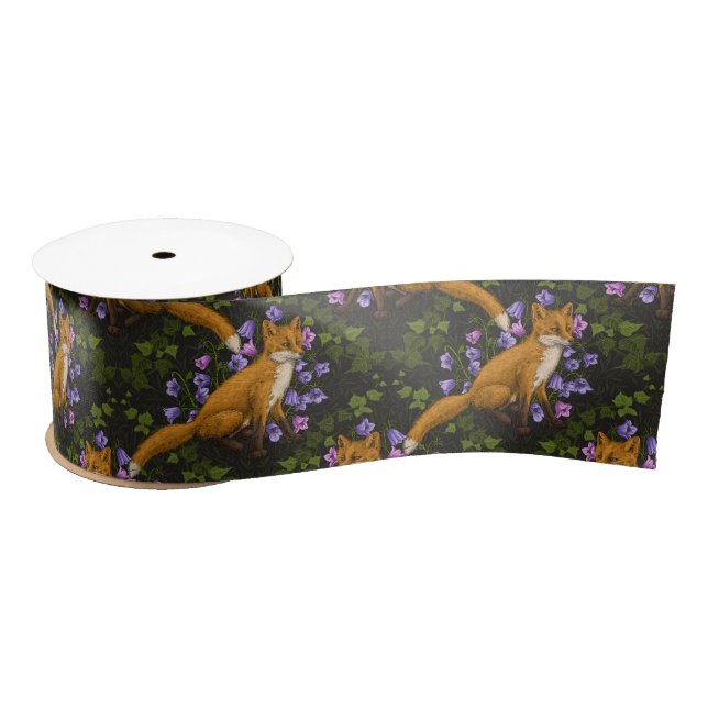  Fox, bellflowers and ivy, green, orange and viole Satin Ribbon (Spool)