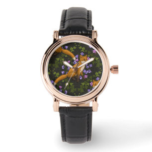  Fox, bellflowers and ivy, green, orange and viole Watch