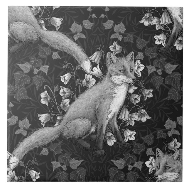  Fox, bellflowers and ivy, monochrome, silver wall Ceramic Tile (Front)