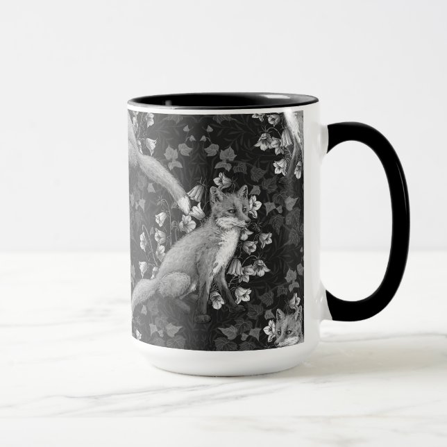  Fox, bellflowers and ivy, monochrome, silver wall Mug (Right)