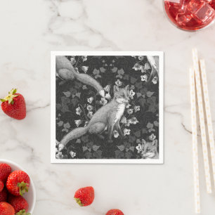 Fox, bellflowers and ivy, monochrome, silver wall Napkins