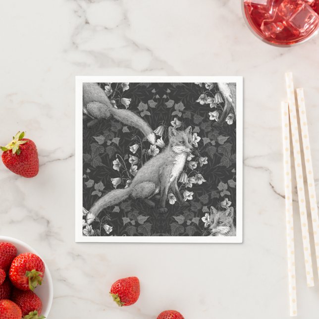  Fox, bellflowers and ivy, monochrome, silver wall Napkins (Insitu)