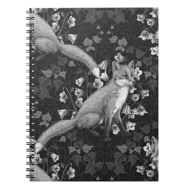  Fox, bellflowers and ivy, monochrome, silver wall Notebook (Front)