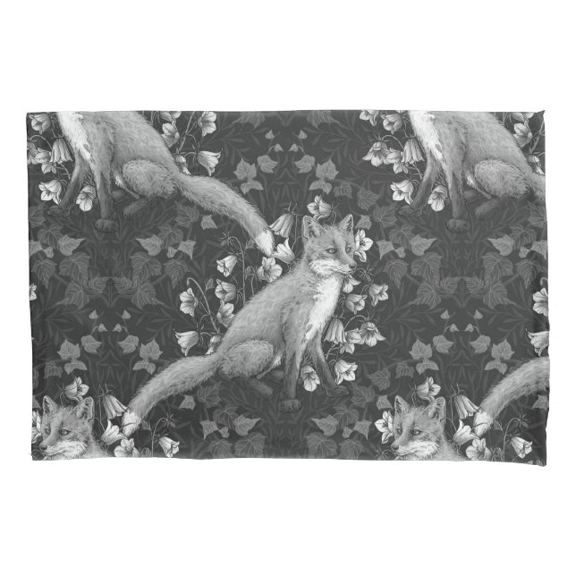  Fox, bellflowers and ivy, monochrome, silver wall Pillow Case (Front-Left)