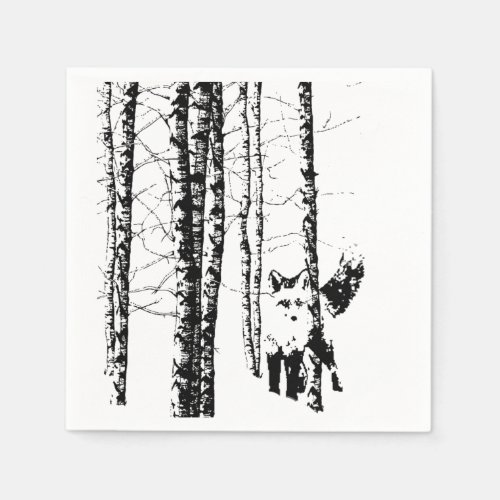 Fox Birch Tree Forest Animal Silhouette Nature Art Napkins