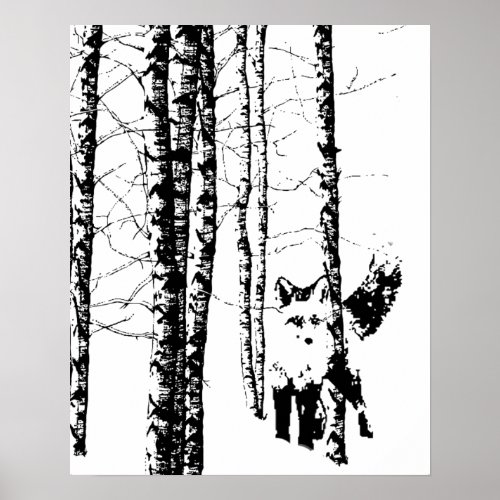 Fox Birch Tree Forest Animal Silhouette Nature Art Poster