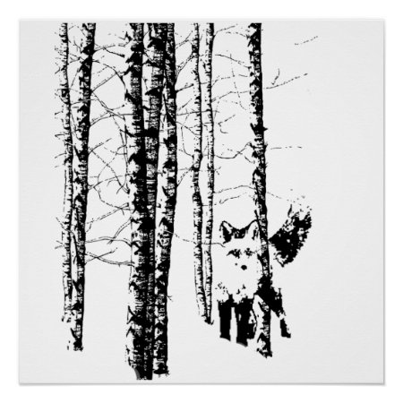 Fox Birch Tree Forest Animal Silhouette Nature Art Poster