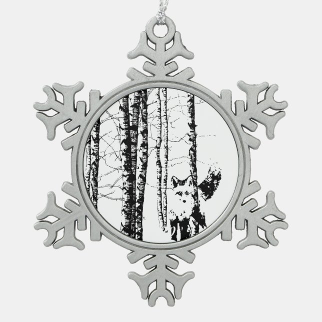 Fox Birch Tree Forest Animal Silhouette Nature Art Snowflake Pewter Christmas Ornament (Front)