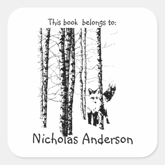 Fox Birch Tree Forest Animal Silhouette Nature Art Square Sticker (Front)