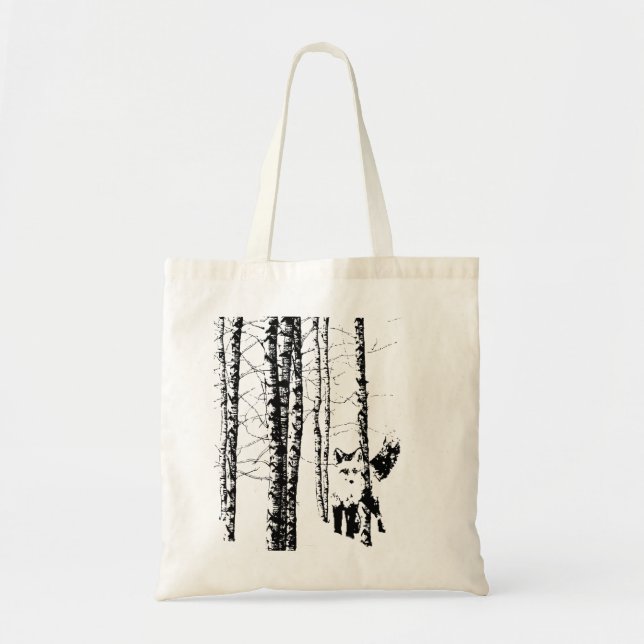 Fox Birch Tree Forest Animal Silhouette Nature Art Tote Bag (Front)
