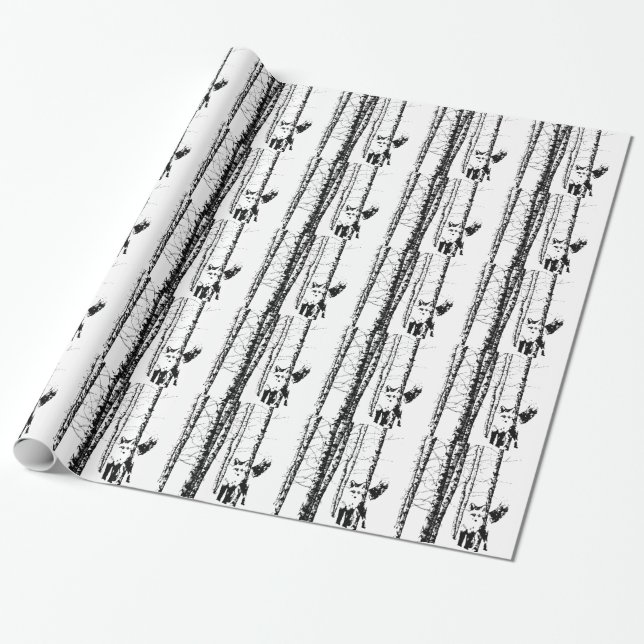 Fox Birch Tree Forest Animal Silhouette Nature Art Wrapping Paper (Unrolled)