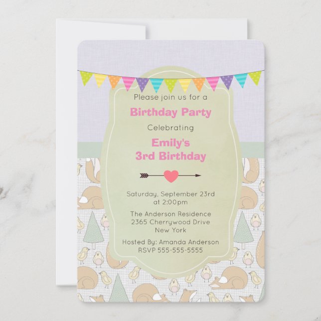 Fox, Birds and Trees Whimsical Birthday Invite (Front)